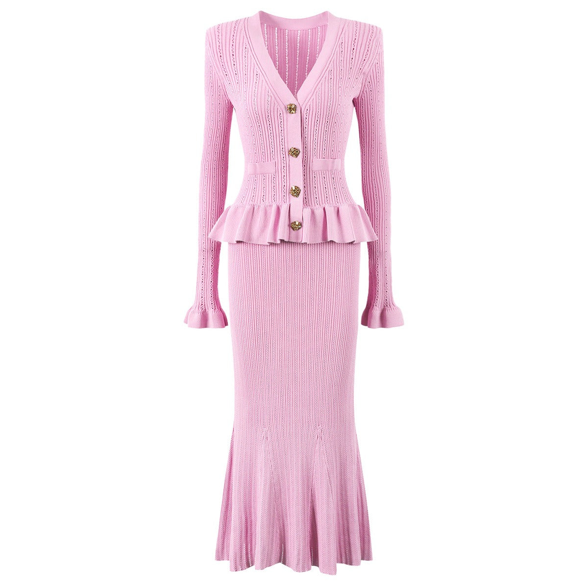 Lacey Ruffle Trim Knit Cardigan and Skirt Set