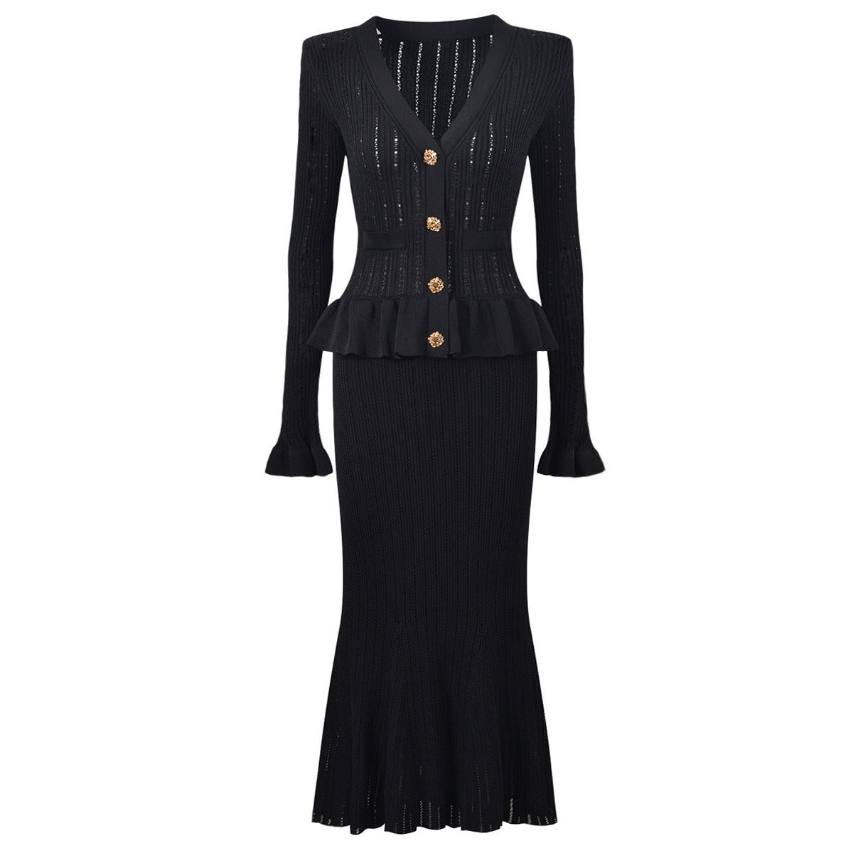 Lacey Ruffle Trim Knit Cardigan and Skirt Set