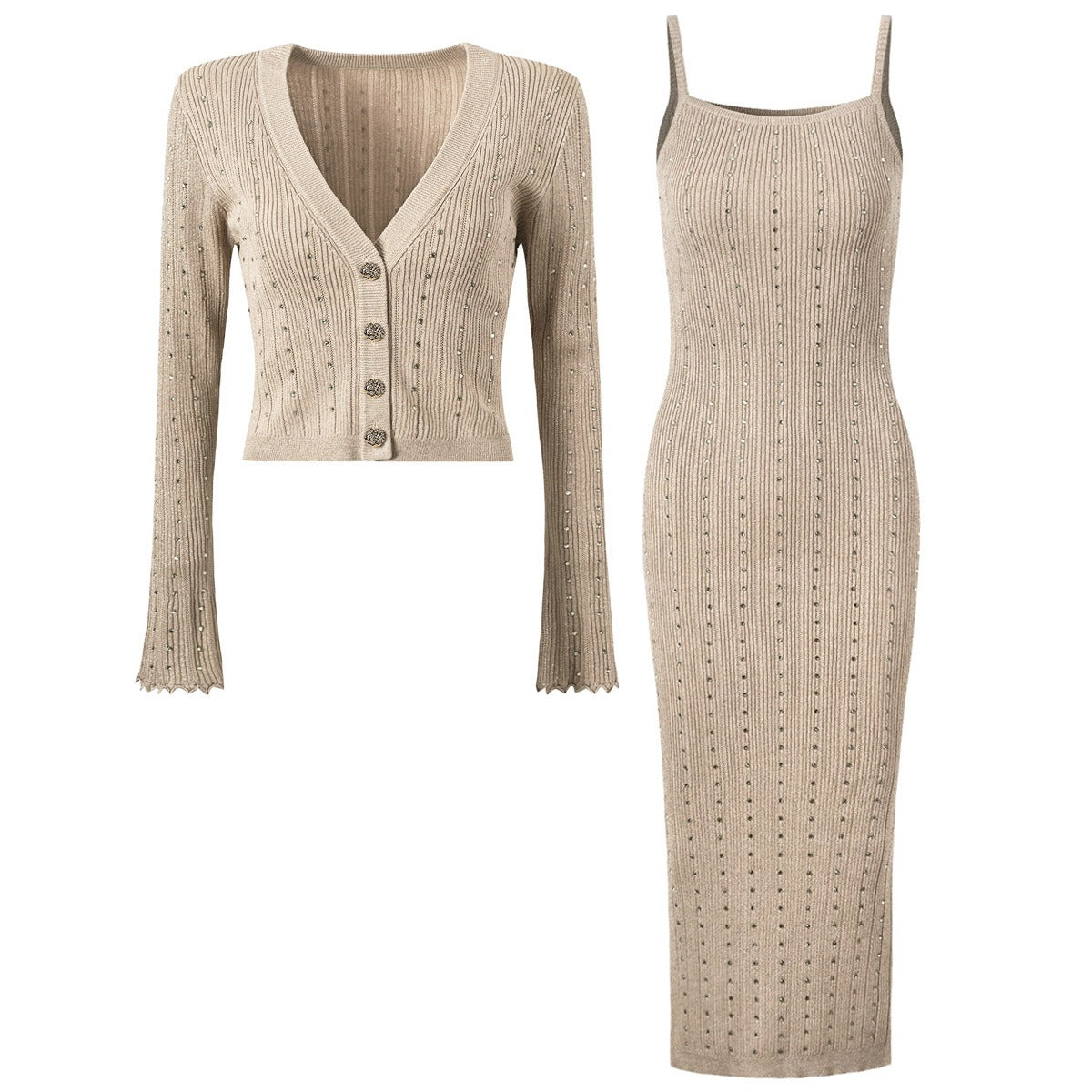 Padma Crystal Knit Cardigan Dress Two Piece Set for Women - Allara Khaki Set / M Padma Crystal Knit Cardigan Dress Two Piece Set for Women - Allara Khaki Set / M