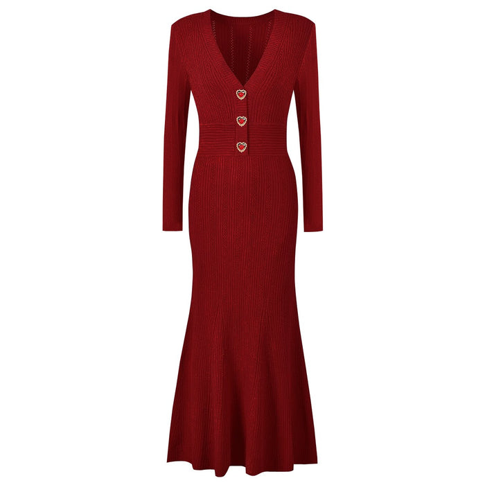 Kiana Red Knit Maxi Dress with Heart-Shaped Buttons