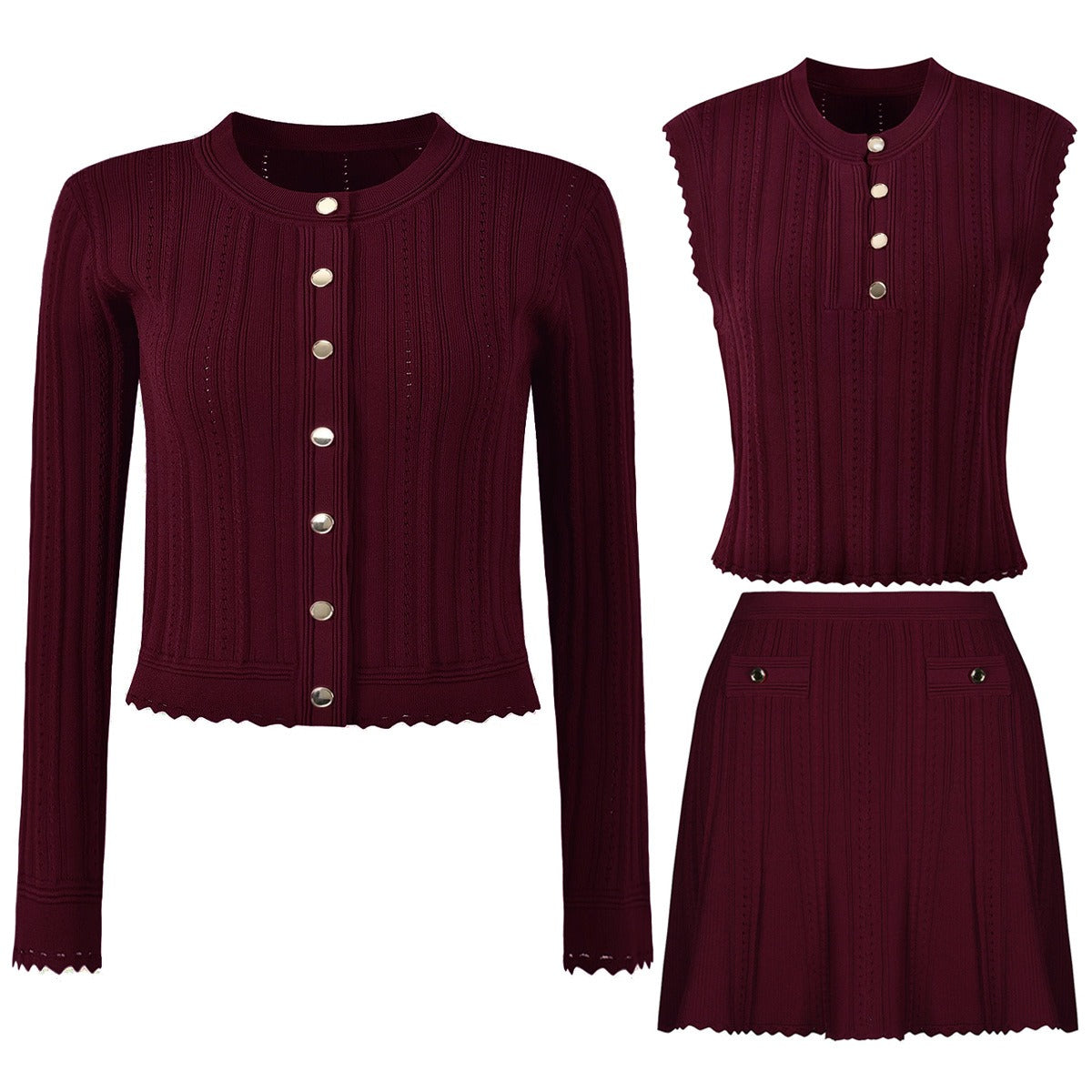 Valentina Burgundy Knit Cardigan, Top & Mini Skirt Set for