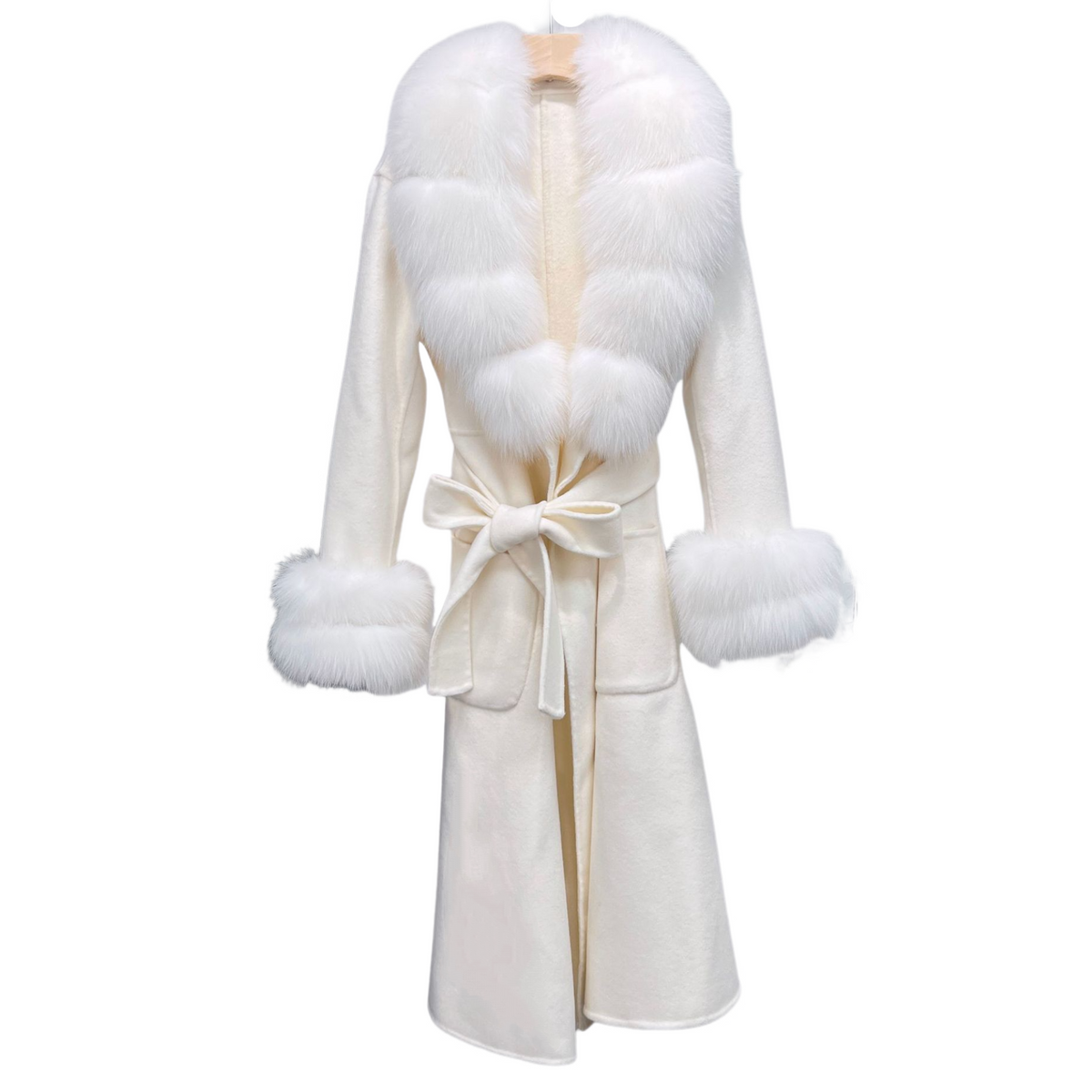 Petra White Fox Fur Trim Long Wool Wrap Coat