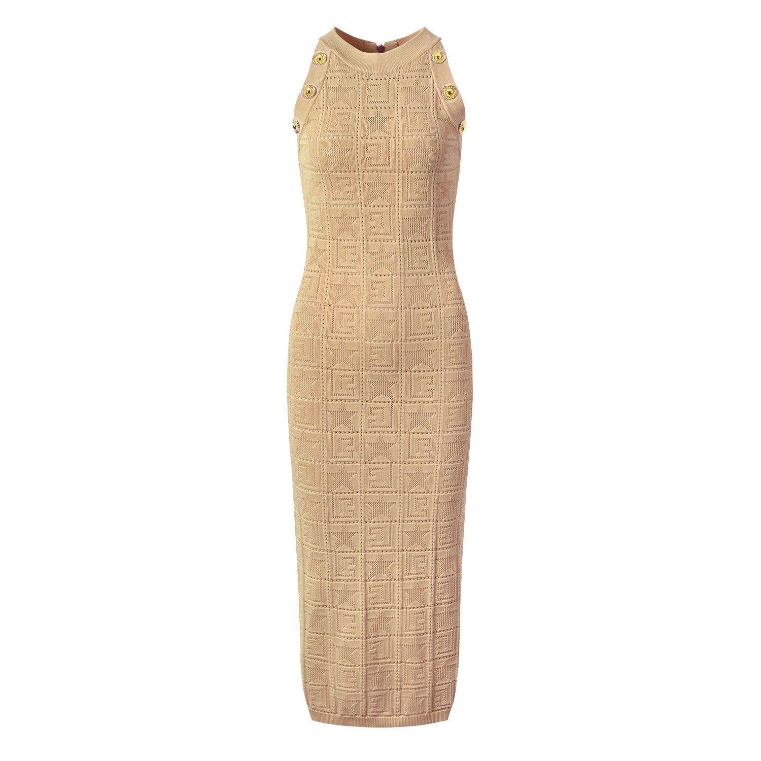 Ember Mesh Knit Midi Dress with Gold Buttons and Back Zipper - Allara Black / S Ember Mesh Knit Midi Dress with Gold Buttons and Back Zipper - Allara Black / S