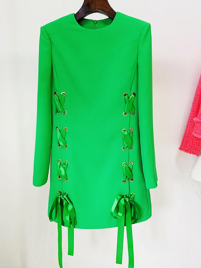 Daniella Green Lace Up Long Sleeve Mini Dress - ALLARA