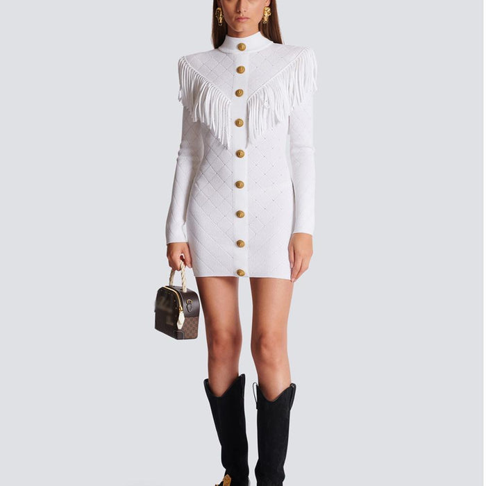 Elise White Fringe Trim Knit Mini Dress - ALLARA