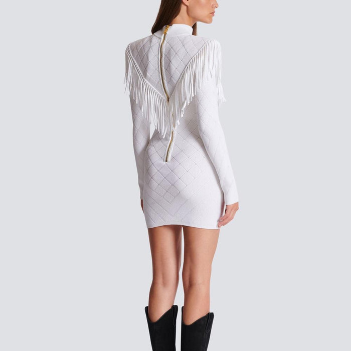 Elise White Fringe Trim Knit Mini Dress - ALLARA