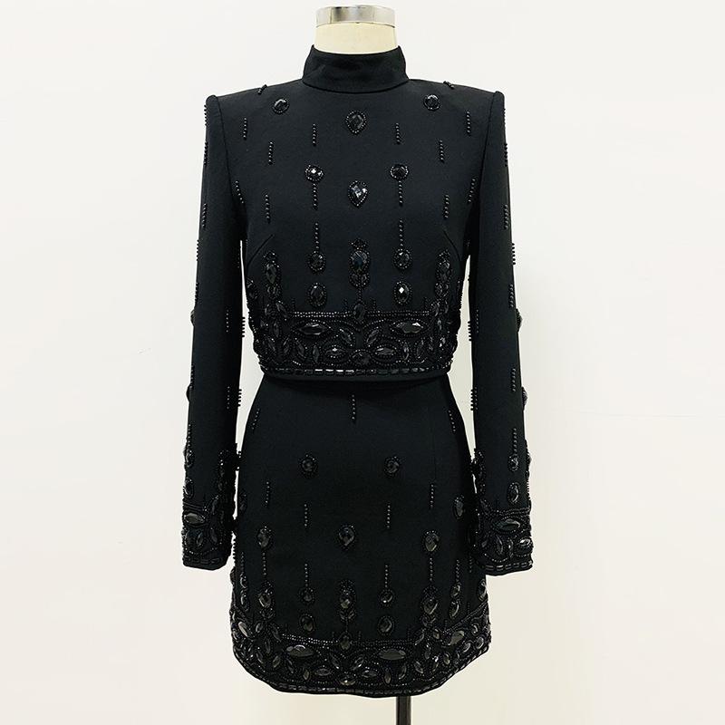 two piece dress set long sleeve Emery Black Crystal Long Sleeve Top and Skirt Two Piece Set for Women