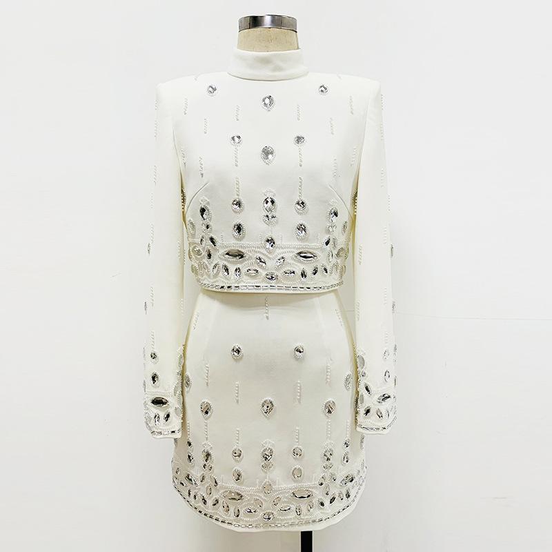 knee length dresses for ladies Emery White Crystal Long Sleeve Top and Skirt Two Piece Set for Women