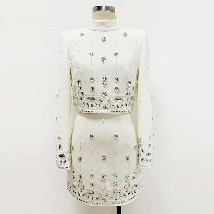 Emery White Crystal Long Sleeve Top and Skirt Two Piece Set - ALLARA