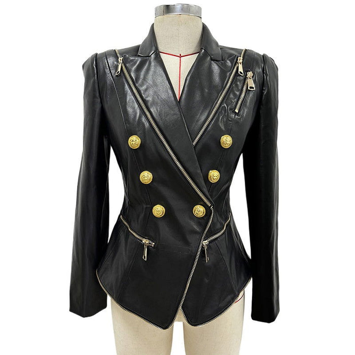 Evelina Black PU Leather Zipper Edge Blazer - ALLARA