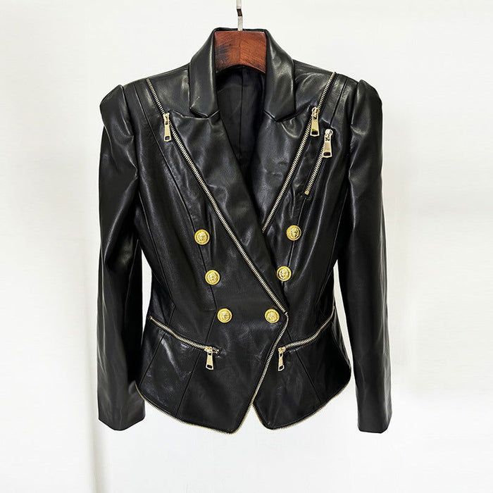 Evelina Black PU Leather Zipper Edge Blazer - ALLARA