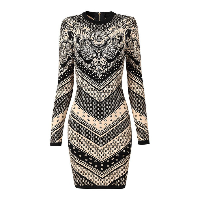 Gracelyn Black Pattern Long Sleeve Mini Dress - ALLARA