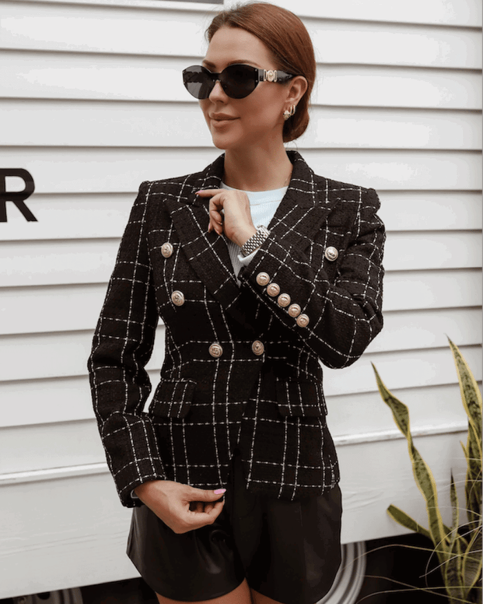 Jamila Black Silver Tweed Double Breasted Blazer - ALLARA