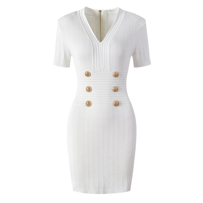 Knit Ribbed V-Neck Slim-Fit Short-Sleeved Dress - ALLARA