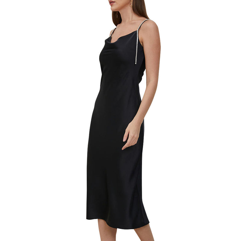 Arielle Black Rhinestone Strap Midi Dress - Elegant Women's Eveningwear