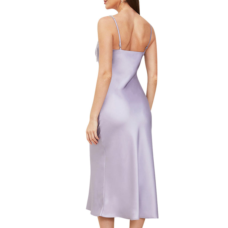 Arielle Purple Rhinestone Strap Cowlneck Satin Midi Dress