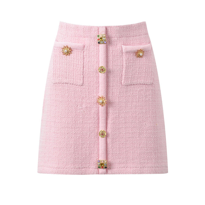 Lenora High Waist Tweed Crystal Button Up Skirt - ALLARA
