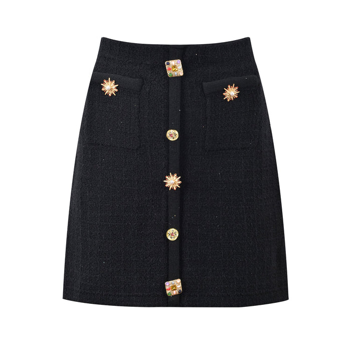 Lenora High Waist Tweed Crystal Button Up Skirt - ALLARA