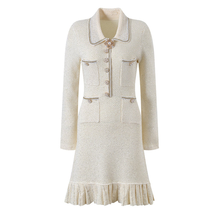 Marlowe Crystal Button Up Long Sleeve Tweed Mini Dress - ALLARA