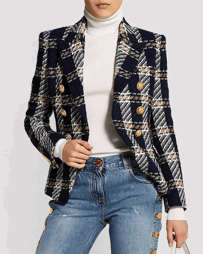 Noya Navy Gold Tweed Double Breasted Blazer - ALLARA