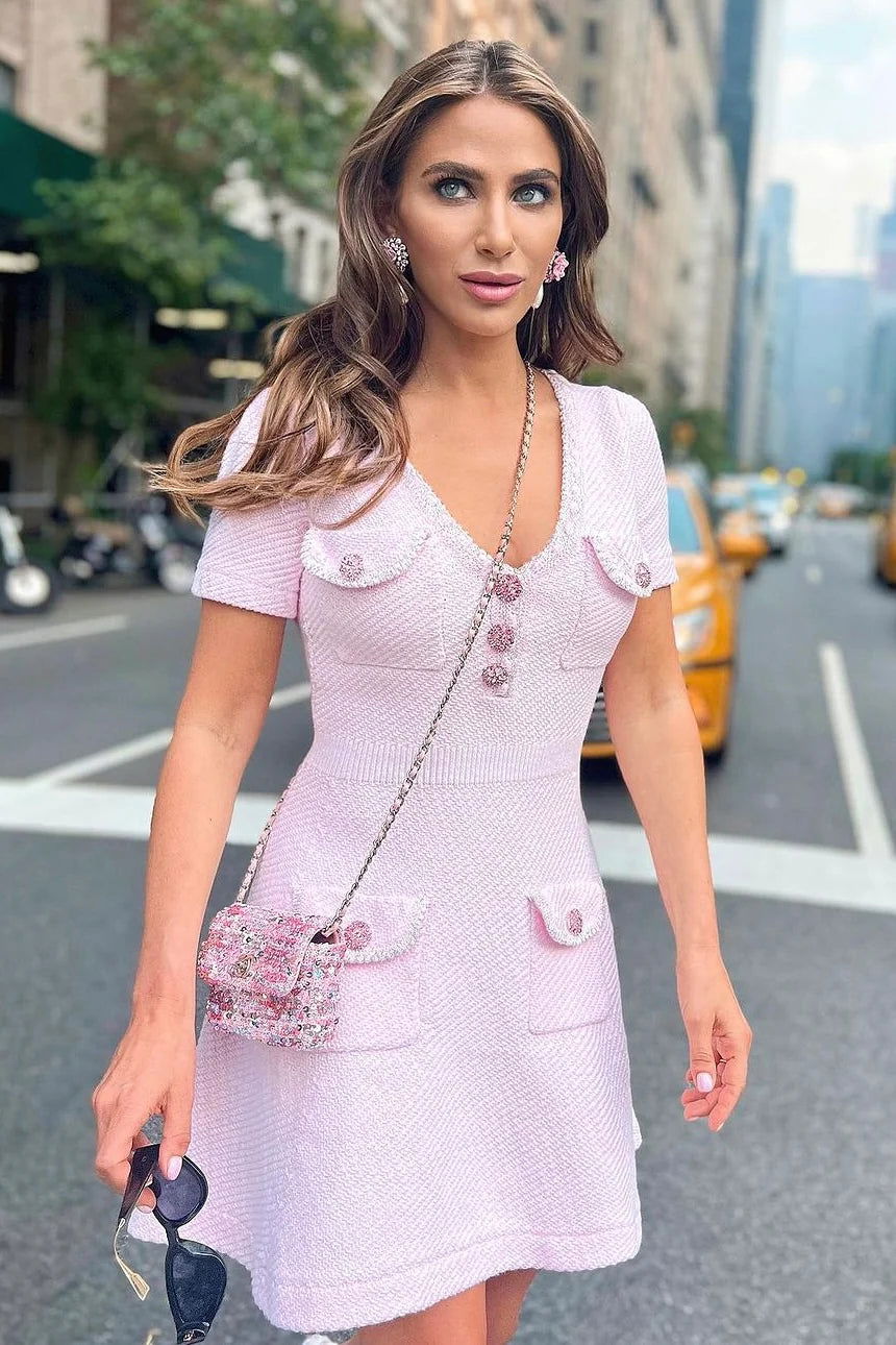 Ottilia Pink Tweed Dress with Crystal Buttons for Women - Allara Pink / M Ottilia Pink Tweed Dress with Crystal Buttons for Women - Allara Pink / M