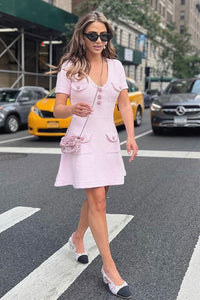 Ottilia Pink Tweed Dress with Crystal Buttons - ALLARA