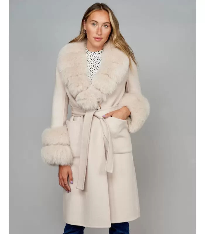 Petra Beige Fox Fur Trim Long Wool Wrap Coat