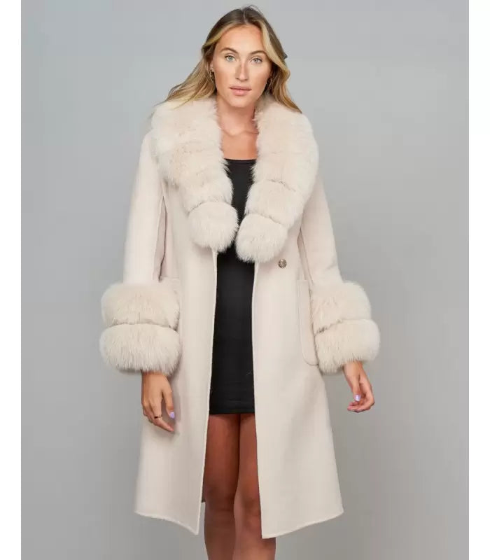 Petra Beige Fox Fur Trim Long Wool Wrap Coat