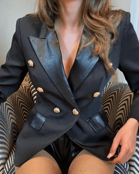 Remi Black PU Leather Trim Double Breasted Blazer - ALLARA