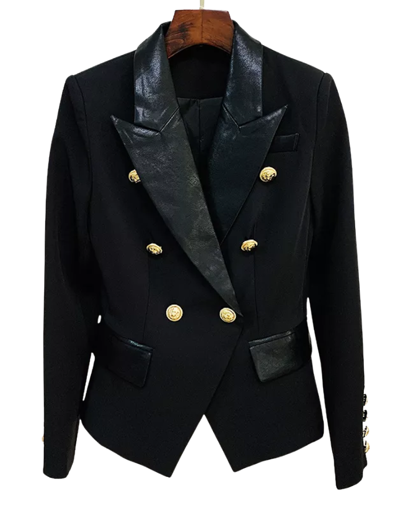 Remi Black PU Leather Trim Double Breasted Blazer - ALLARA