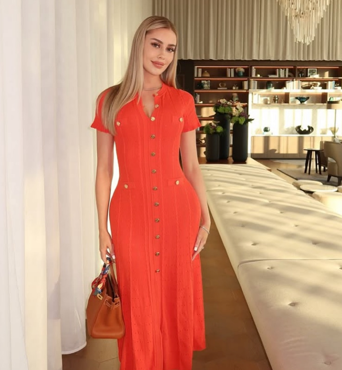 Kalista Jacquard Knit Midi Dress with Flared Sleeves and Buttons