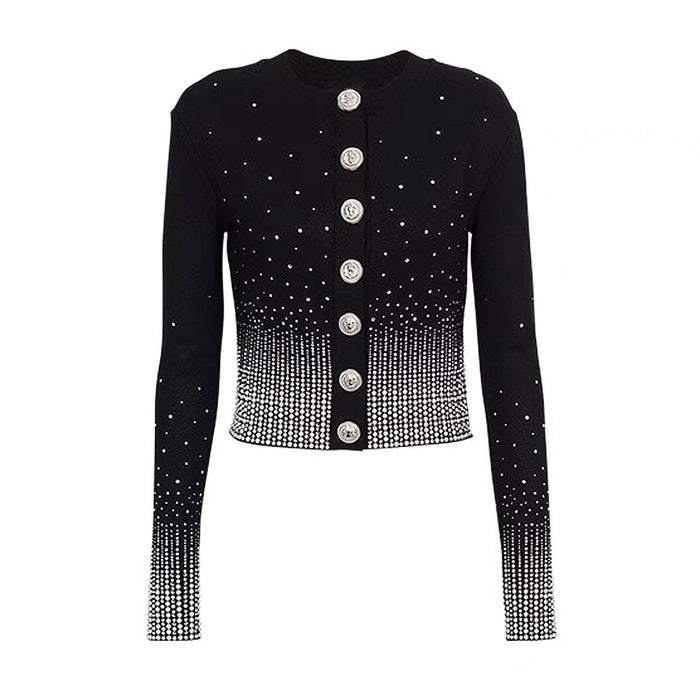 Selene Black Rhinestone Button Up Knit Cardigan - ALLARA