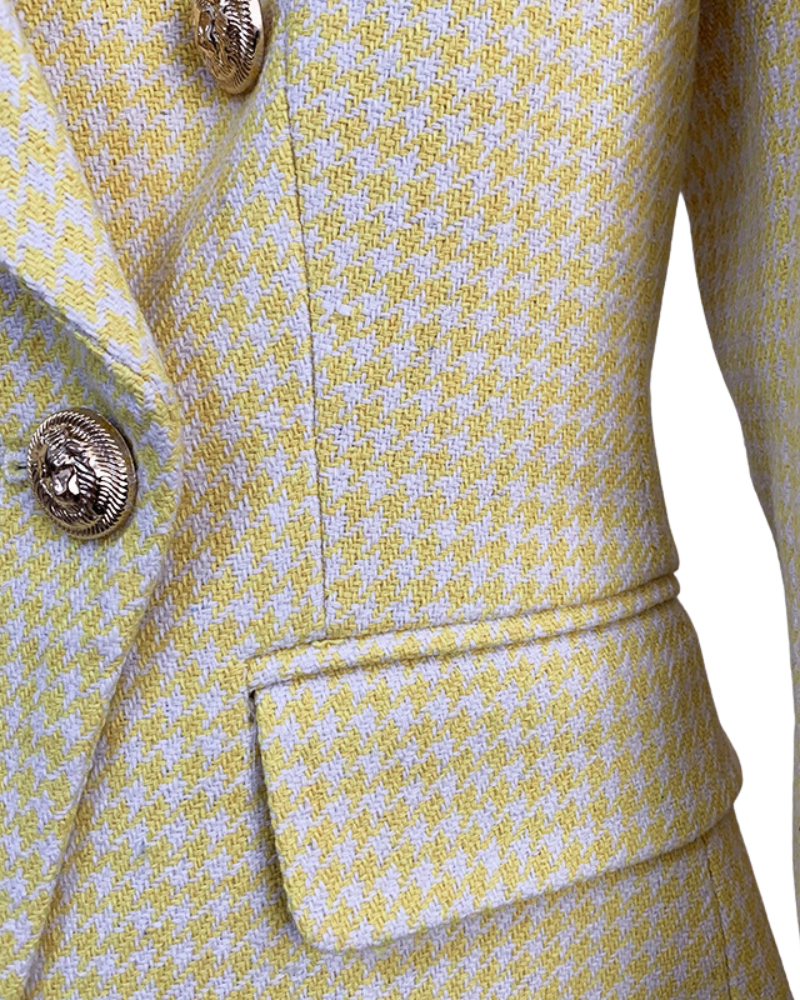 Shalia Yellow Houndstooth Double Breasted Blazer - ALLARA