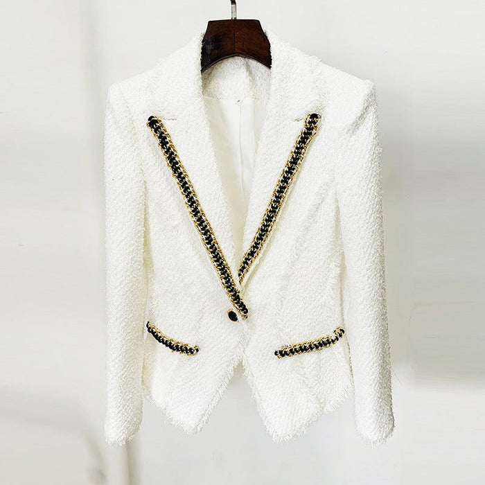 Women Chain Trimmed Tweed Blazer Jacket - ALLARA