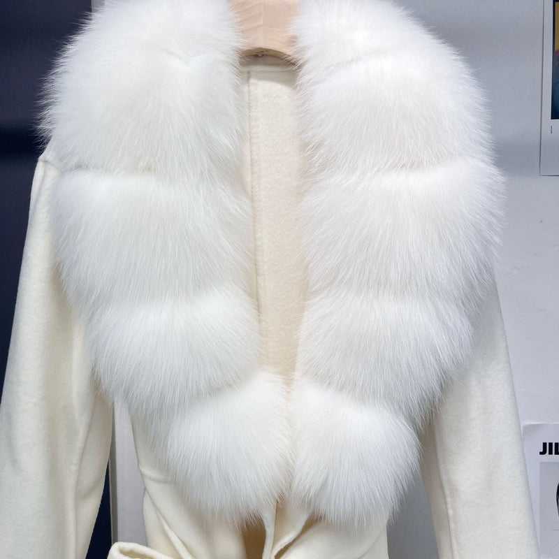 Petra Blue Fox Fur Trim Long Wool Wrap Coat