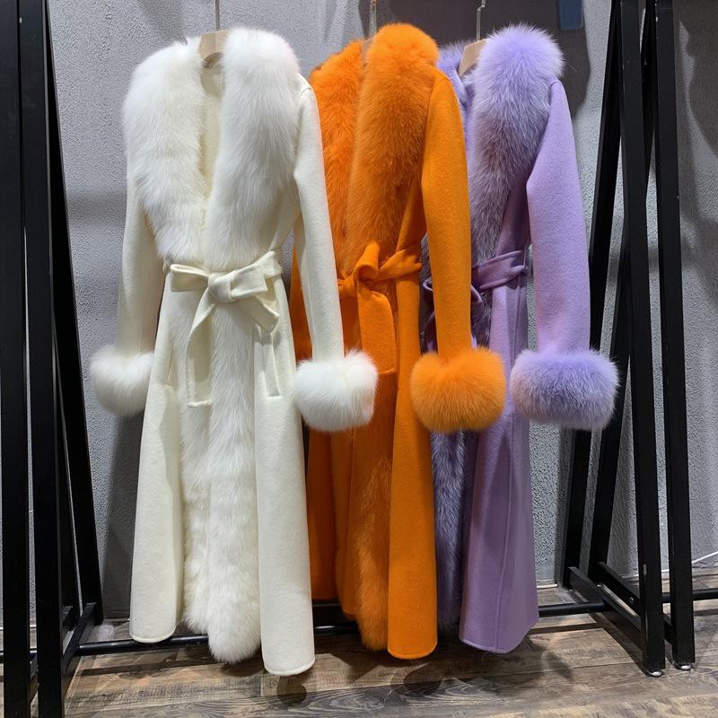 Luciana Orange Fox Fur Collar Cashmere Long Coat