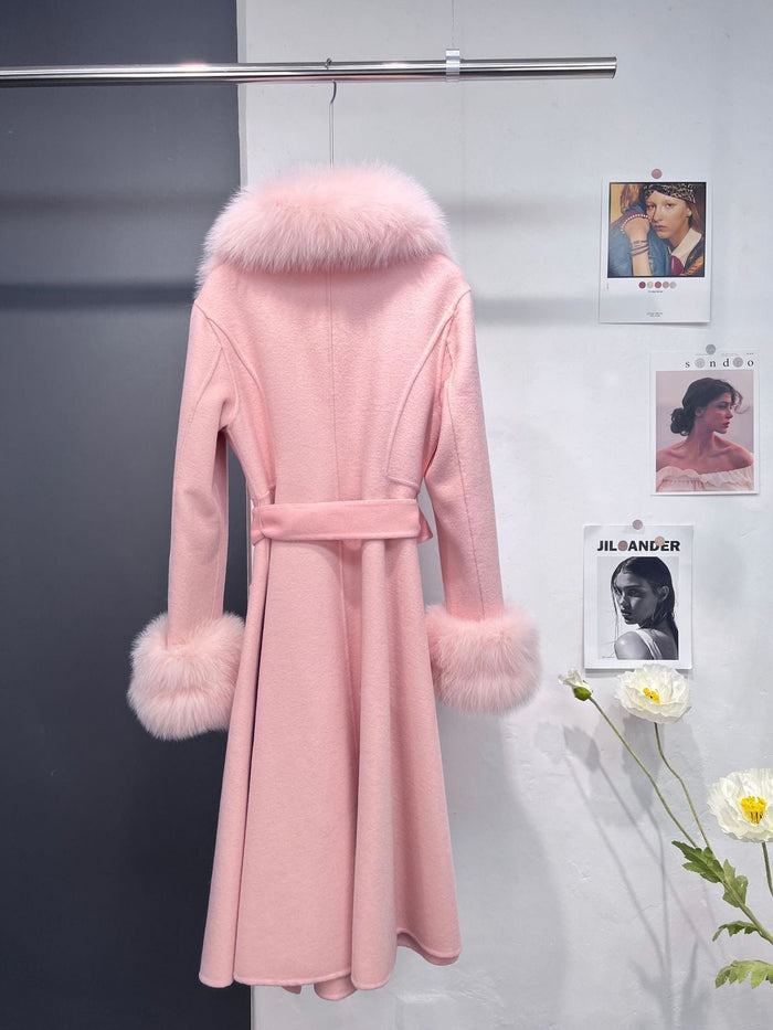Petra Pink Fox Fur Trim Long Wool Wrap Coat