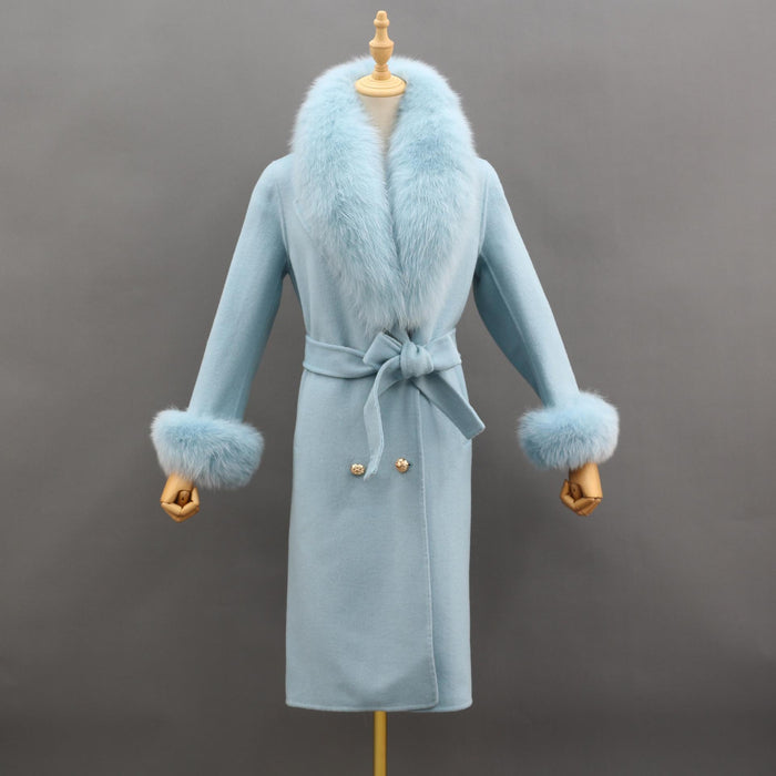 Naomi Blue Fox Fur Collar Wool Pea Coat