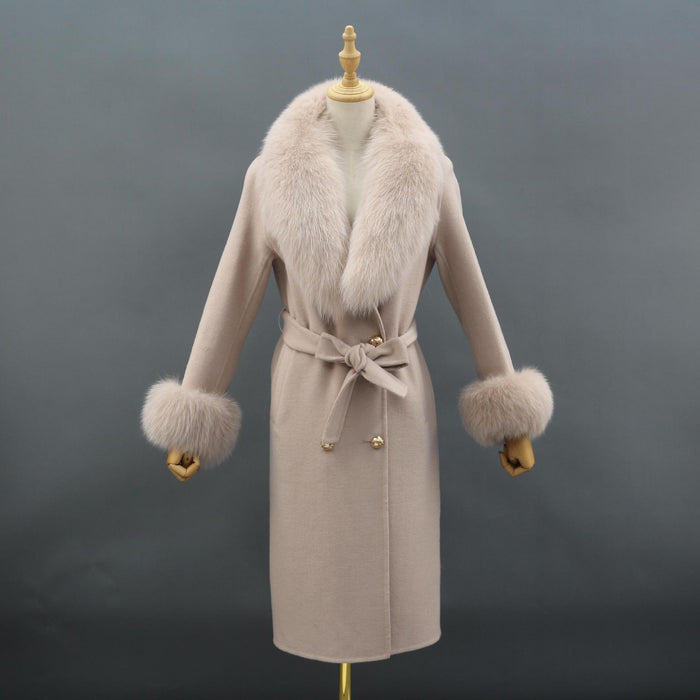 Naomi Khaki Fox Fur Collar Wool Pea Coat