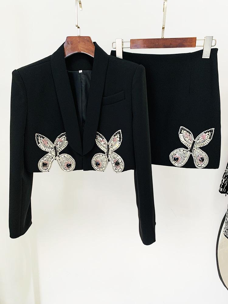 Madeline Black Crystal Butterfly Black Blazer and Mini Skirt Two Piece Set