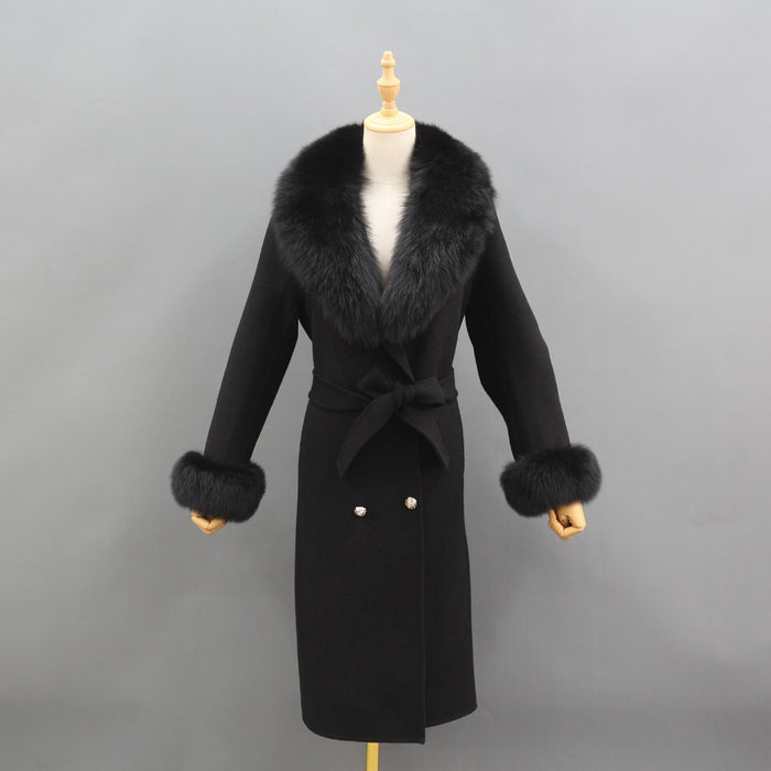 Naomi Black Fox Fur Collar Wool Pea Coat