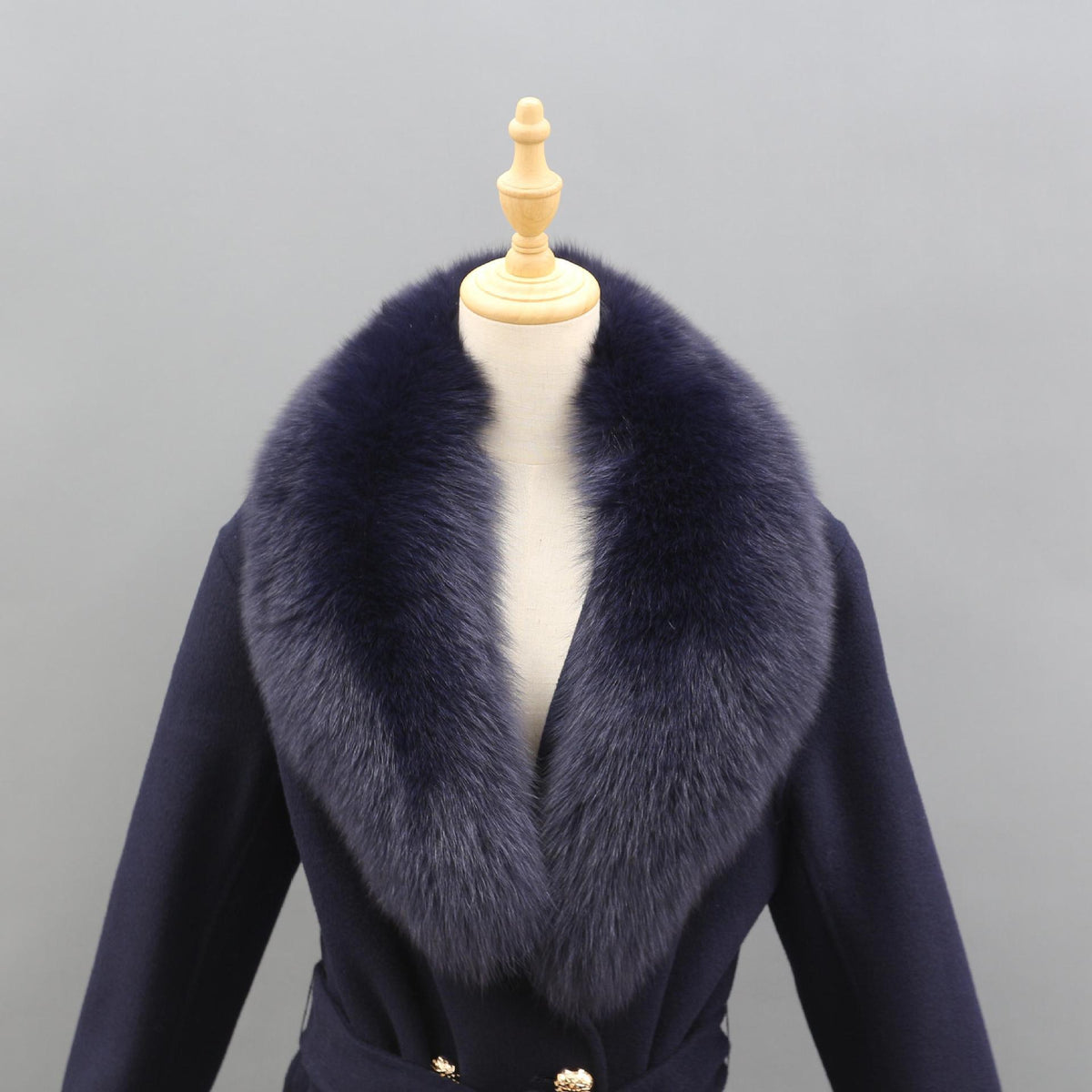 Naomi Navy Blue Fox Fur Collar Wool Pea Coat