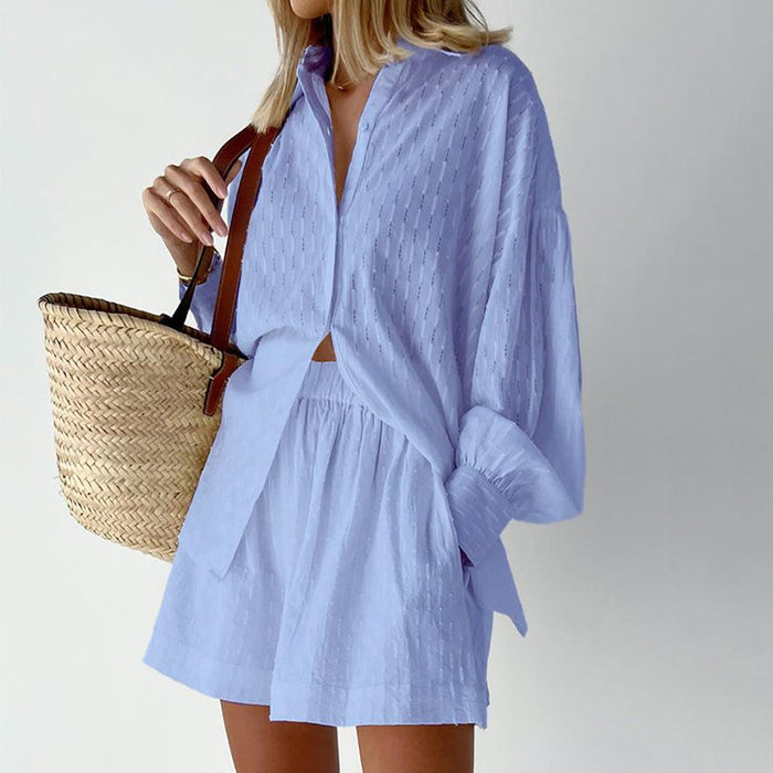 Lavinia Blue Puff Sleeve Shirt and Shorts Two Piece Set