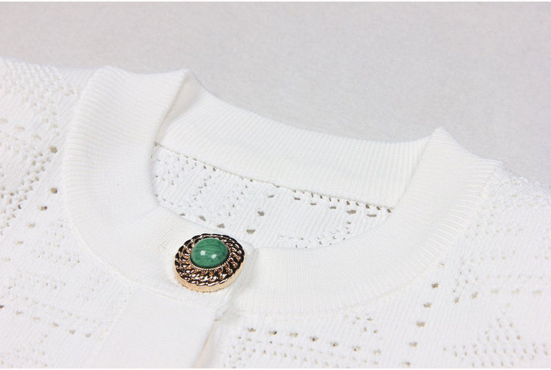 Fiorella White Gem Button Cropped Knit Cardigan