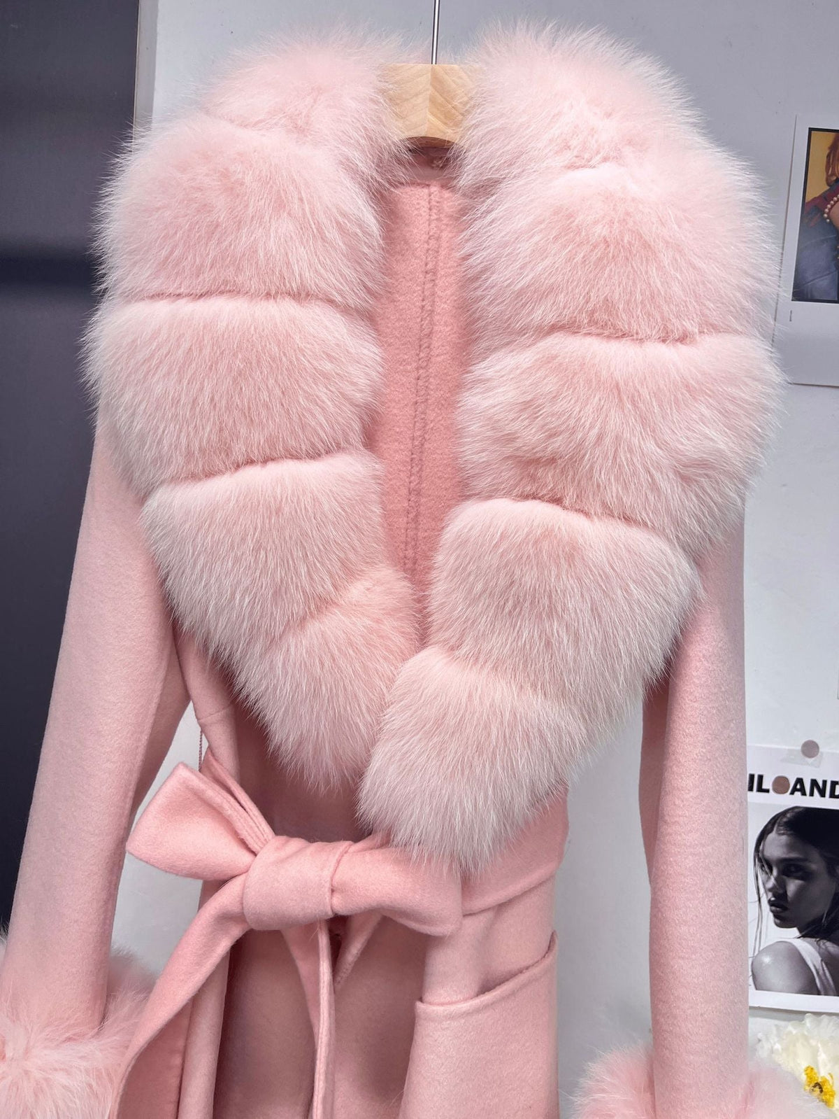 Petra Pink Fox Fur Trim Long Wool Wrap Coat