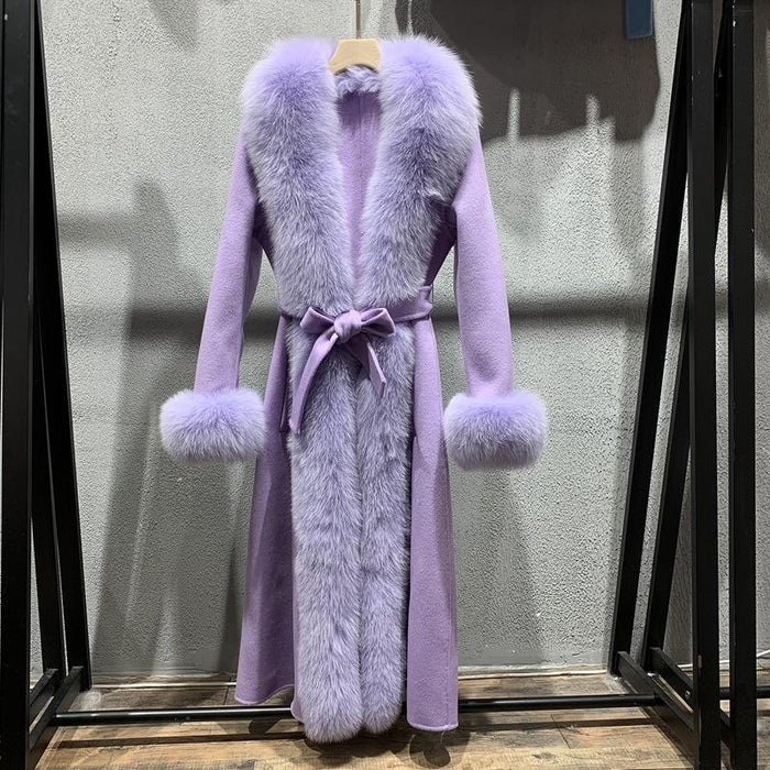 Luciana Lilac Fox Fur Collar Cashmere Long Coat