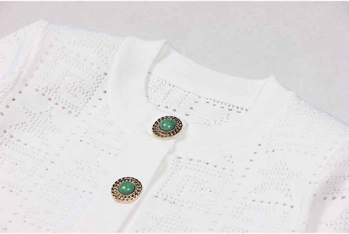 Fiorella White Gem Button Cropped Knit Cardigan