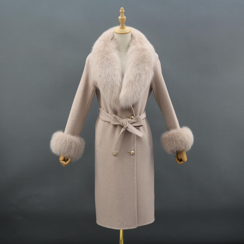 Naomi Khaki Fox Fur Collar Wool Pea Coat