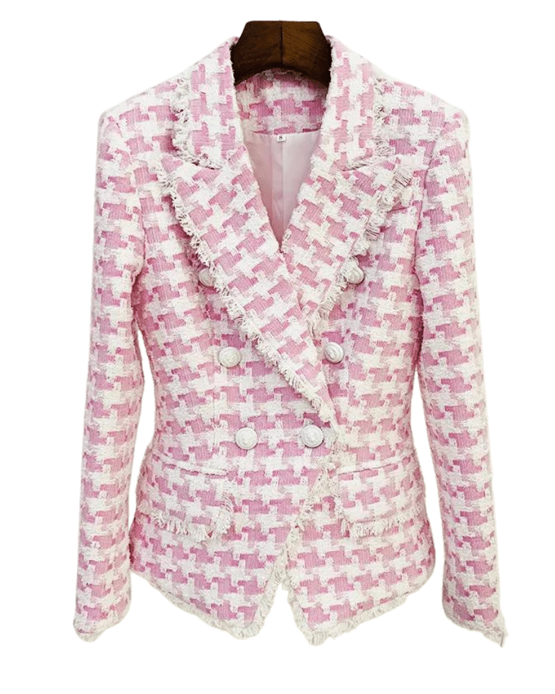 Francesca Pink Tweed Houndstooth Double Breasted Blazer
