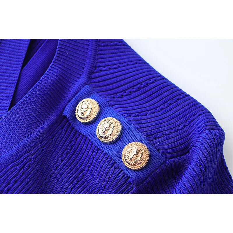shoulder details with gold buttons - Shop the Carina Blue Mini Skater Dress at www.shopallara.com